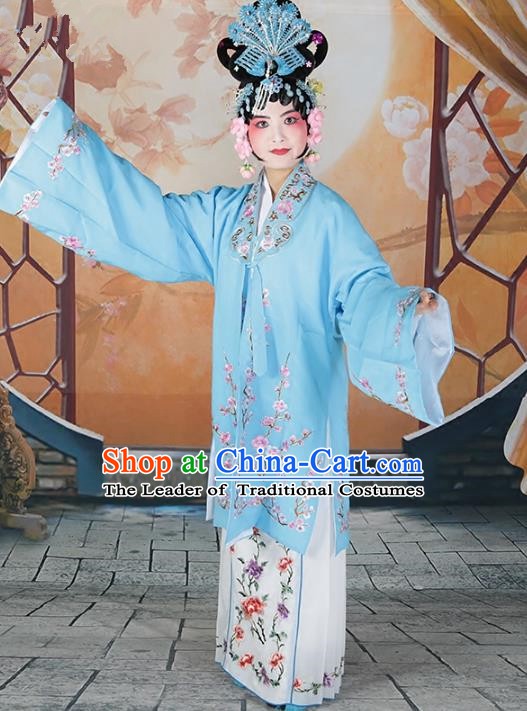 Chinese Beijing Opera Actress Princess Embroidered Blue Costume, China Peking Opera Diva Embroidery Wintersweet Clothing