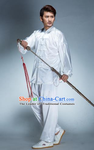 Top Grade Chinese Kung Fu White Costume, China Martial Arts Tai Ji Training Uniform Gongfu Clothing for Men