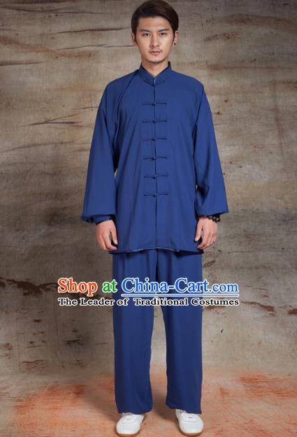 Top Grade Chinese Kung Fu Blue Linen Costume, China Martial Arts Tai Ji Training Uniform Gongfu Clothing for Men
