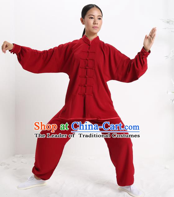 Top Grade Chinese Kung Fu Plated Buttons Costume, China Martial Arts Red Uniform Tai Ji Wushu Clothing for Women