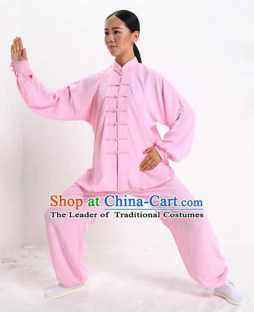 Top Grade Chinese Kung Fu Plated Buttons Costume, China Martial Arts Pink Uniform Tai Ji Wushu Clothing for Women