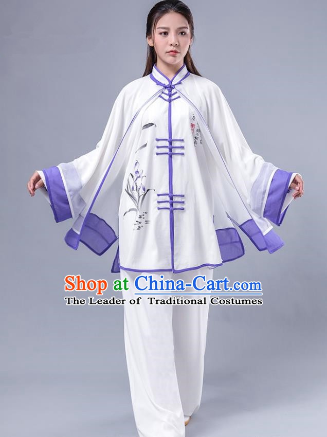 Top Grade Chinese Kung Fu Costume Martial Arts Printing Bamboo Purple Uniform, China Tai Ji Wushu Plated Buttons Clothing for Women