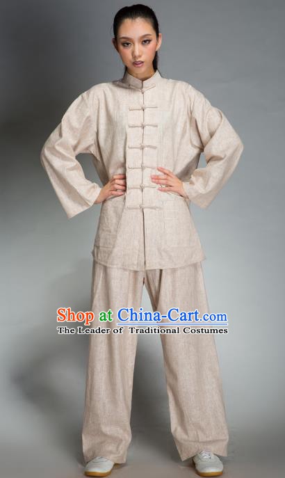Top Grade Chinese Kung Fu Costume Tai Ji Training Beige Uniform, China Martial Arts Gongfu Clothing for Men