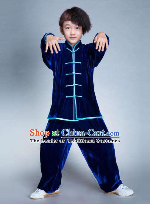 Top Grade Chinese Kung Fu Costume Tai Ji Training Uniform, China Martial Arts Gongfu Blue Velvet Clothing for Kids