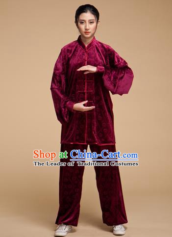 Top Grade Chinese Kung Fu Plated Buttons Costume Wine Red Pleuche Martial Arts Uniform, China Tai Ji Wushu Clothing for Women