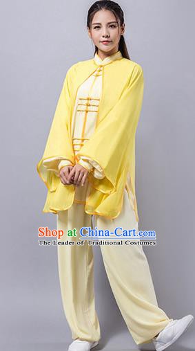 Top Grade Chinese Kung Fu Costume Martial Arts Yellow Uniform, China Tai Ji Wushu Clothing for Women