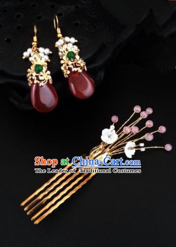 Traditional Handmade Chinese Ancient Classical Wedding Hair Accessories Hair Comb and Red Earrings for Women