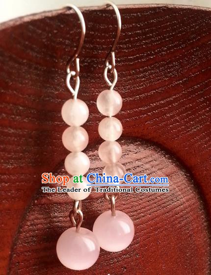 Traditional Chinese Handmade Pink Beads Eardrop Ancient Palace Lady Princess Hanfu Classical Earrings for Women