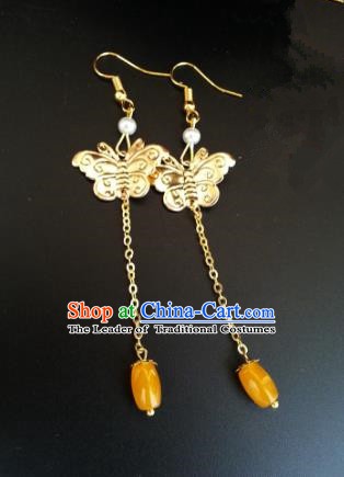 Traditional Chinese Handmade Classical Golden Butterfly Eardrop Ancient Palace Queen Hanfu Earrings for Women