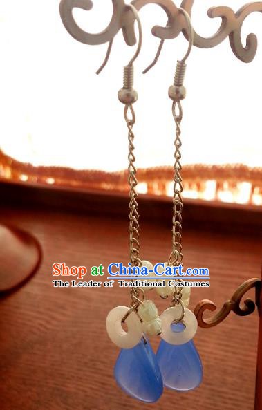 Traditional Chinese Handmade Classical Blue Eardrop Ancient Palace Queen Hanfu Earrings for Women