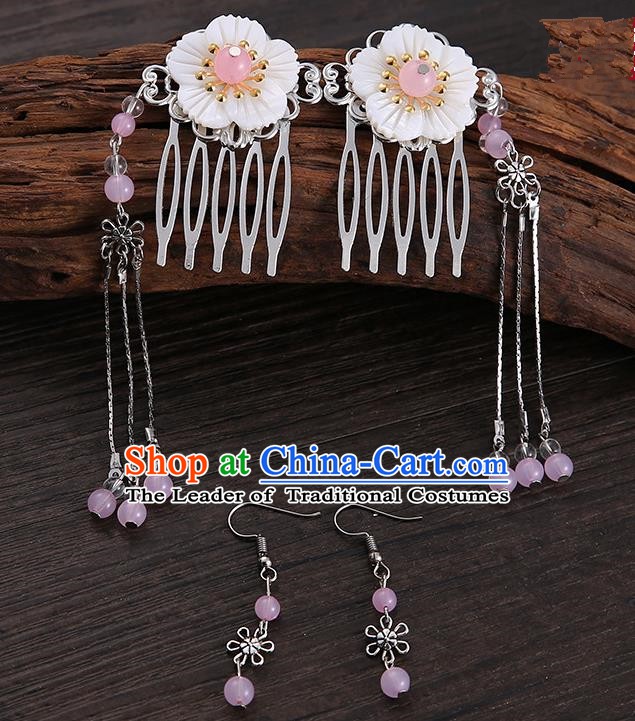 Handmade Asian Chinese Classical Hair Accessories Shell Hair Stick Hairpins and Pink Beads Earrings for Women