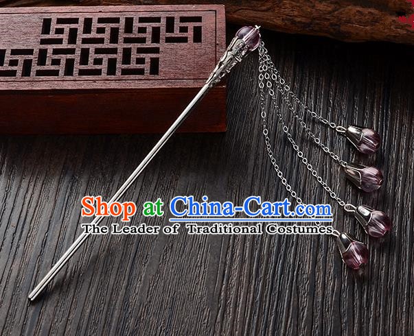 Handmade Asian Chinese Classical Hair Accessories Purple Crystal Beads Tassel Hairpins Hanfu Step Shake for Women