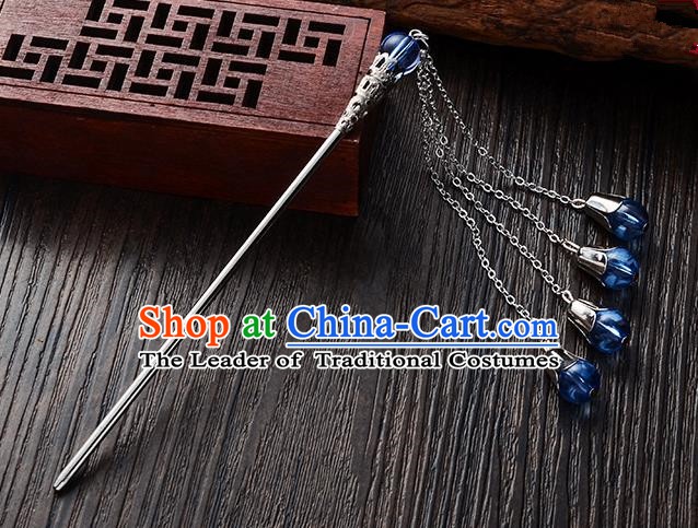 Handmade Asian Chinese Classical Hair Accessories Blue Crystal Beads Tassel Hairpins Hanfu Step Shake for Women