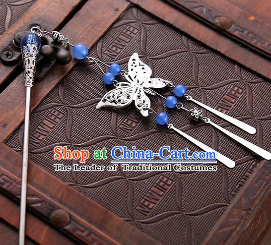 Asian Chinese Handmade Classical Hair Accessories Blue Beads Butterfly Tassel Hair Clip Hanfu Hairpins for Women