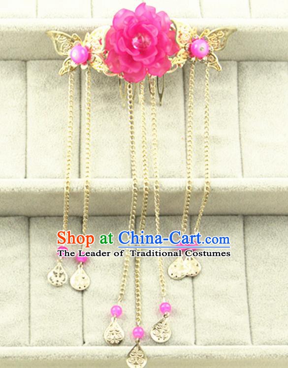 Asian Chinese Handmade Classical Hair Accessories Princess Rosy Flowers Hairpins Butterfly Hair Comb for Women