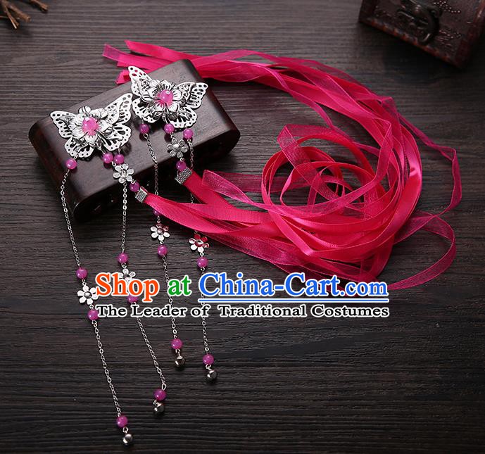 Handmade Asian Chinese Classical Hair Accessories Rosy Silk Ribbon Butterfly Hairpins Hanfu Hair Claw for Women
