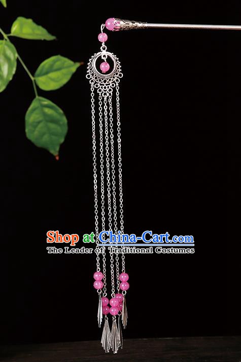Handmade Asian Chinese Classical Hair Accessories Pink Beads Tassel Hairpins Hanfu Step Shake for Women