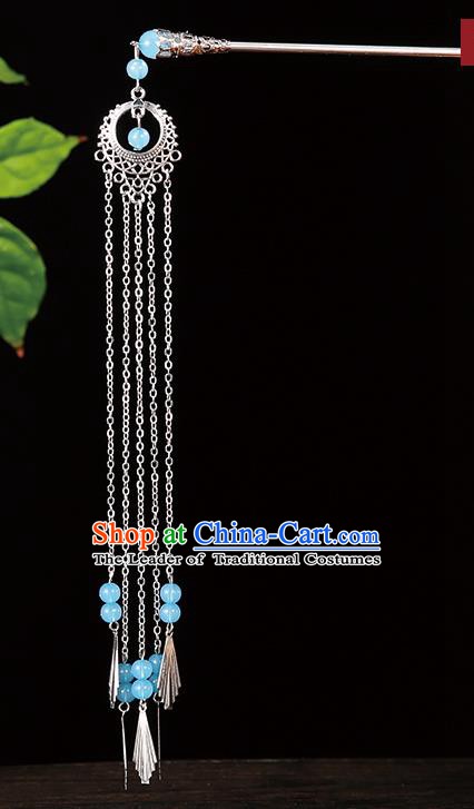 Handmade Asian Chinese Classical Hair Accessories Light Blue Beads Tassel Hairpins Hanfu Step Shake for Women