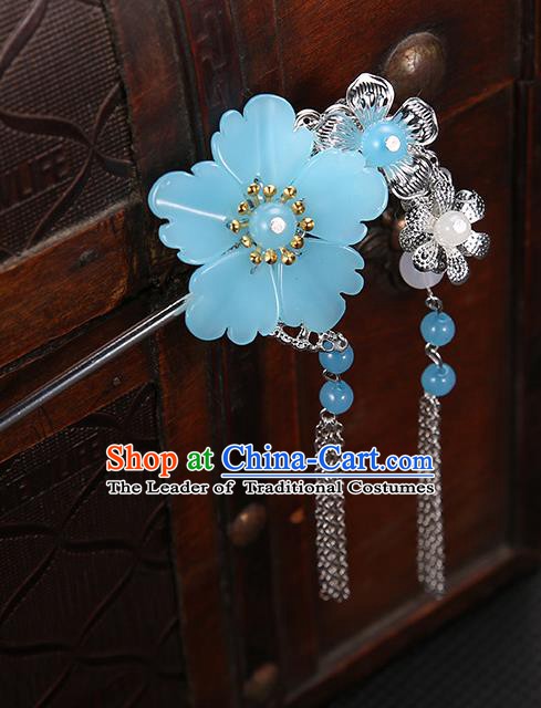 Handmade Asian Chinese Classical Hair Accessories Blue Flower Hairpins Hanfu Tassel Step Shake for Women