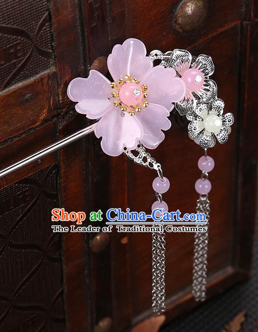 Handmade Asian Chinese Classical Hair Accessories Pink Flower Hairpins Hanfu Tassel Step Shake for Women