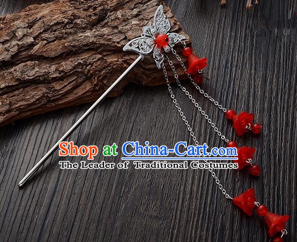 Handmade Asian Chinese Classical Hair Accessories Butterfly Hairpins Hanfu Red Tassel Step Shake for Women