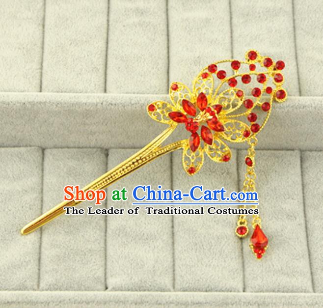 Asian Chinese Handmade Classical Hair Accessories Bride Red Crystal Hanfu Hairpins for Women