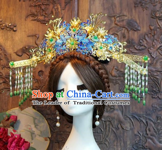Chinese Handmade Classical Hair Accessories Ancient Tang Dynasty Blueing Phoenix Coronet Hairpins for Women