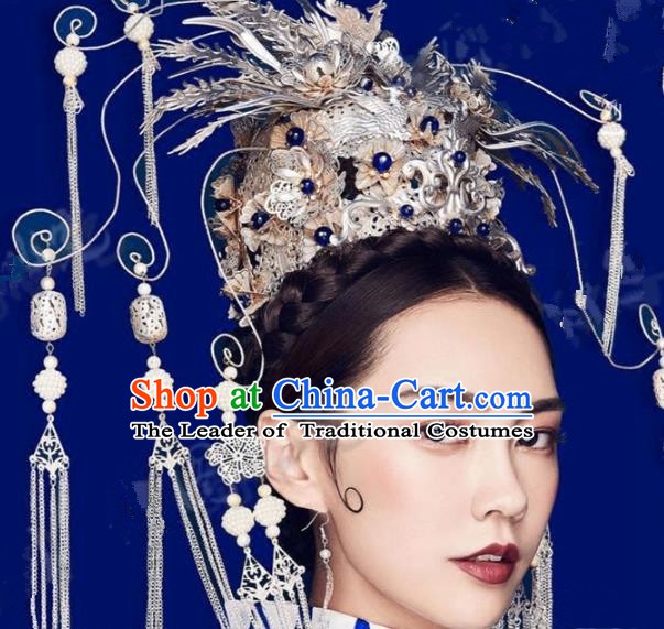 Asian Chinese Handmade Classical Hair Accessories Tassel Phoenix Coronet Bride Hanfu Hairpins Headwear for Women