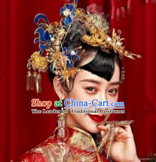 Asian Chinese Handmade Classical Hair Accessories Bride Xiuhe Suit Blueing Hairpins Complete Set for Women