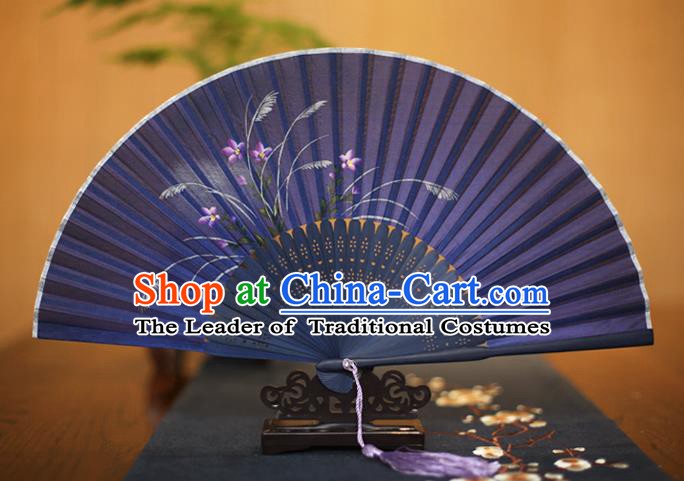 Traditional Chinese Crafts Printing Orchid Blue Folding Fan, China Sensu Paper Fans for Women