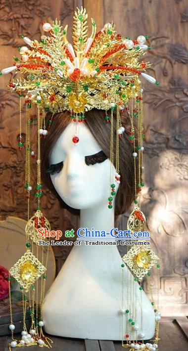 Chinese Handmade Classical Hair Accessories Ancient Hairpins Bride Golden Phoenix Coronet for Women