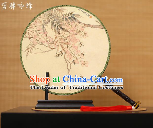 Traditional Chinese Crafts Printing Flowers Round Fan, China Palace Fans Princess Silk Circular Fans for Women