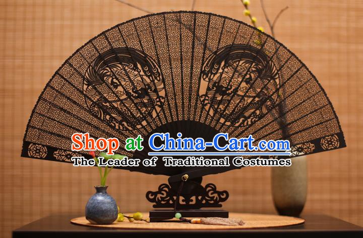 Traditional Chinese Crafts Ebony Folding Fan Carving Dragons Sandalwood Fans for Women