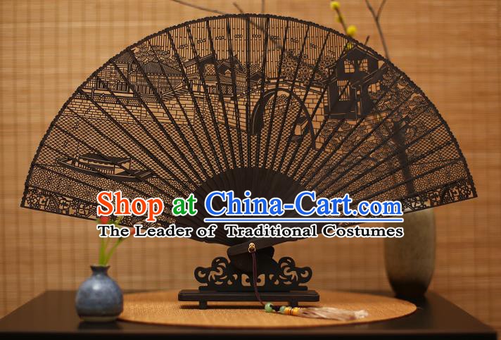 Traditional Chinese Crafts Ebony Folding Fan Carving Scenery Sandalwood Fans for Women