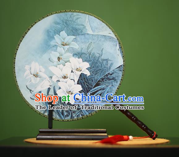 Traditional Chinese Crafts Printing Lily Flowers Round Fan, China Palace Fans Princess Silk Circular Fans for Women