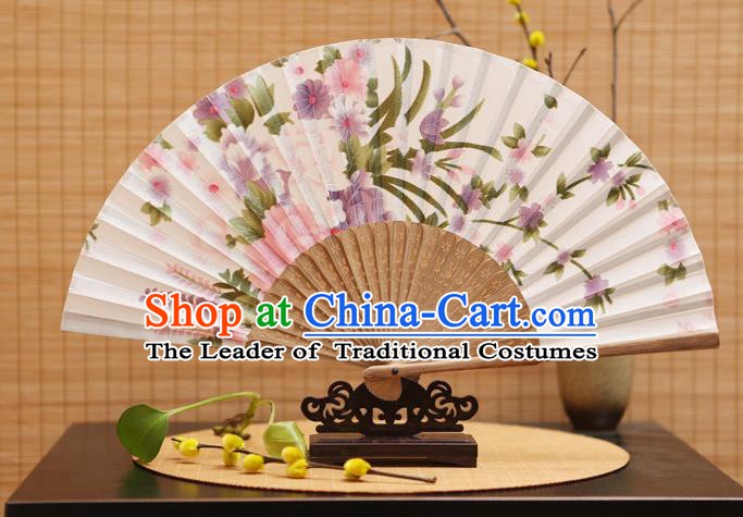 Traditional Chinese Crafts Folding Fans Printing Peony Flowers White Silk Fan for Women