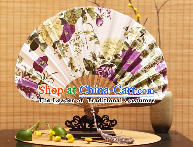 Traditional Chinese Crafts Shell Silk Folding Fan Ink Painting Purple Flowers Bamboo Fans for Women