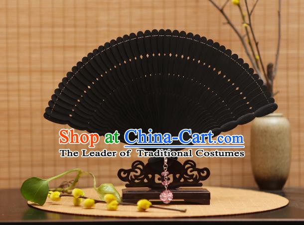 Traditional Chinese Crafts Black Folding Fan Hollow Out Bamboo Fans for Women