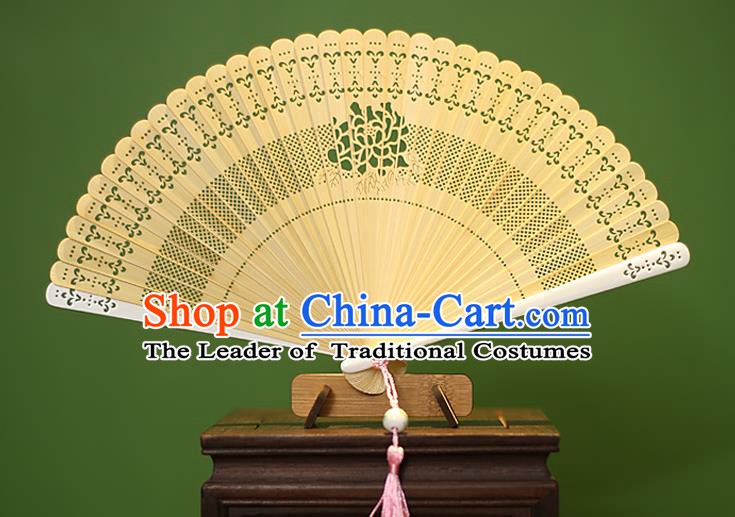 Traditional Chinese Crafts Yellow Folding Fan Hollow Out Bamboo Fans for Women