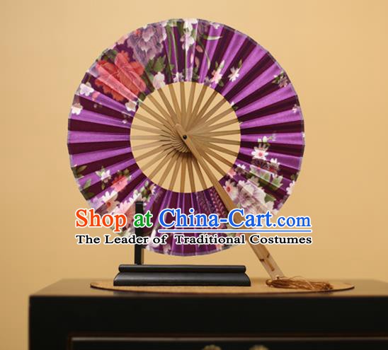 Traditional Chinese Crafts Printing Flowers Purple Silk Folding Fan, China Beijing Opera Round Fans for Women