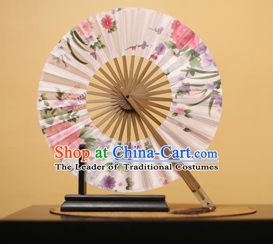Traditional Chinese Crafts Printing Flowers White Silk Folding Fan, China Beijing Opera Round Fans for Women