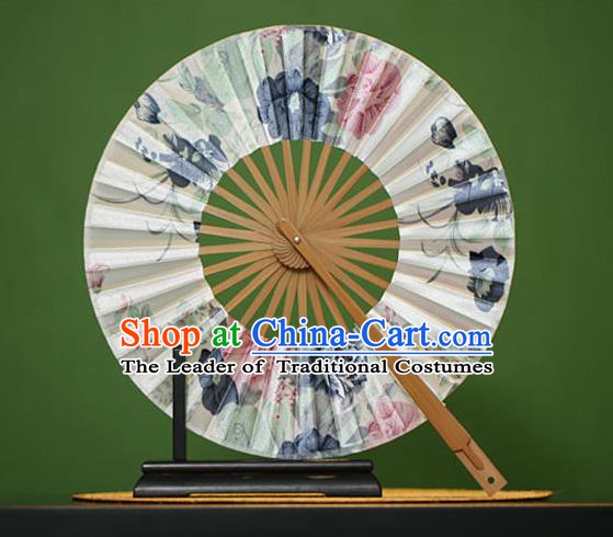 Traditional Chinese Crafts Printing Flowers Silk Folding Fan, China Beijing Opera Round Fans for Women