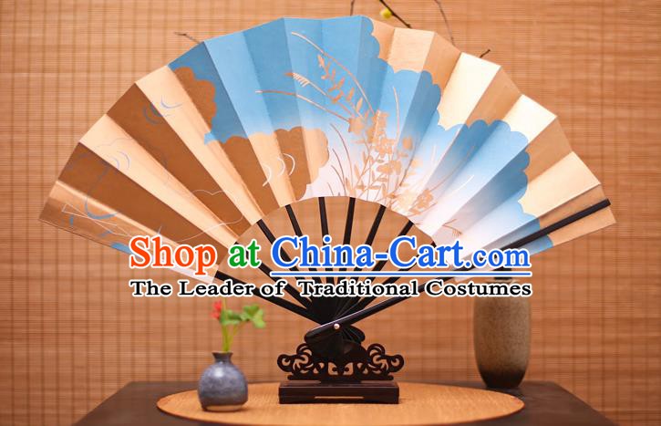 Traditional Chinese Crafts Printing Orchid Blue Paper Folding Fan Sensu Fans for Women