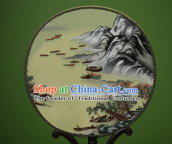 Traditional Chinese Crafts Embroidered Landscape Round Fan, China Palace Fans Princess Silk Circular Fans for Women