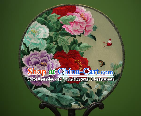 Traditional Chinese Crafts Embroidered Peony Flowers Round Fan, China Palace Fans Princess Silk Circular Fans for Women