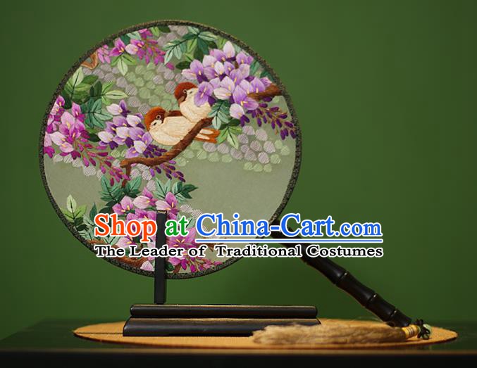 Traditional Chinese Crafts Embroidered Purple Flowers Round Fan, China Palace Fans Princess Silk Circular Fans for Women