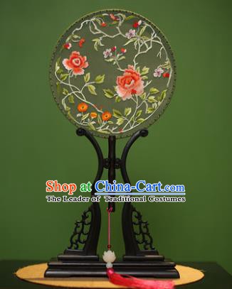 Traditional Chinese Crafts Embroidered Peony Butterfly Round Fan, China Palace Fans Princess Silk Circular Fans for Women