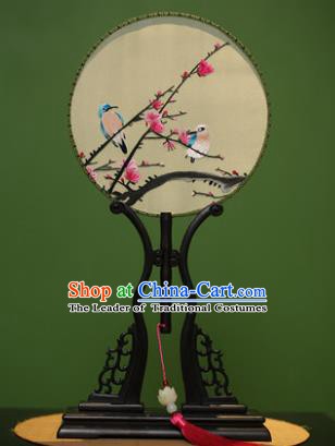 Traditional Chinese Crafts Embroidered Birds Round Fan, China Palace Fans Princess Silk Circular Fans for Women