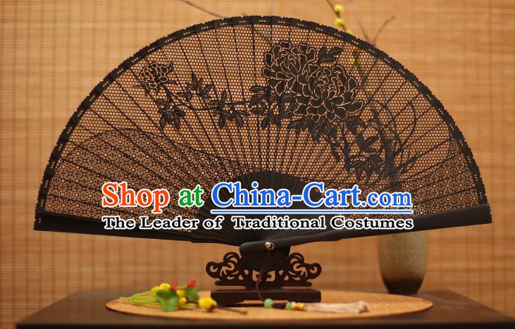 Traditional Chinese Crafts Black Sandalwood Folding Fan, Chinese Hollow Out Peony Fans Bamboo Fans for Women