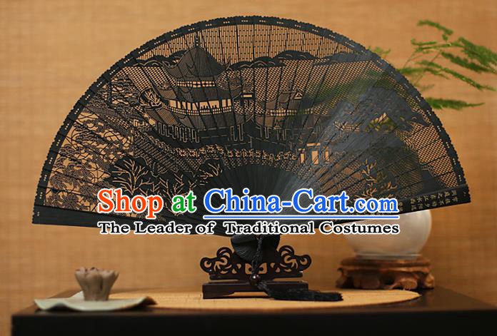 Traditional Chinese Crafts Black Sandalwood Folding Fan, Chinese Hollow Out Palace Fans Bamboo Fans for Women